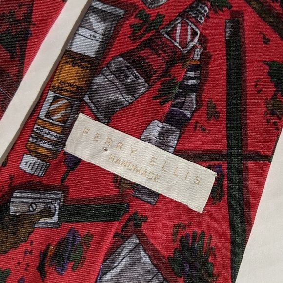 Perry Ellis Handmade All Silk Artists Red Tie Italy - Picture 5 of 6
